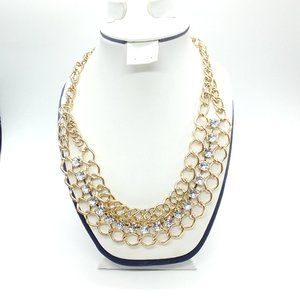 Gold Tone Chain Link Pronged Faceted Crystal Bib Necklace 22-25"